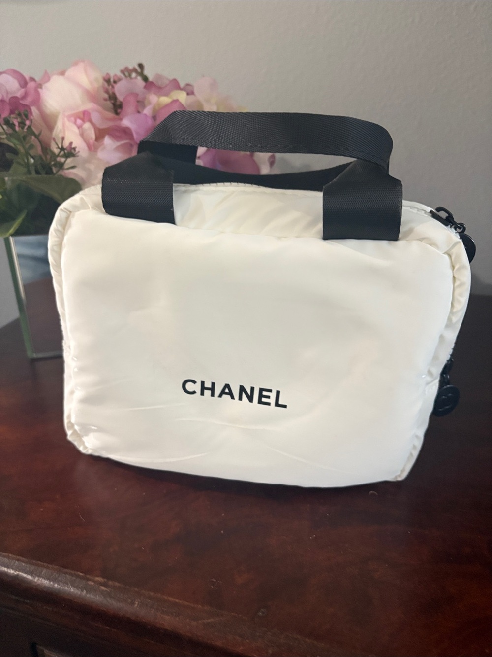 CHANEL White Cosmetic Travel Pouch with Black Handles